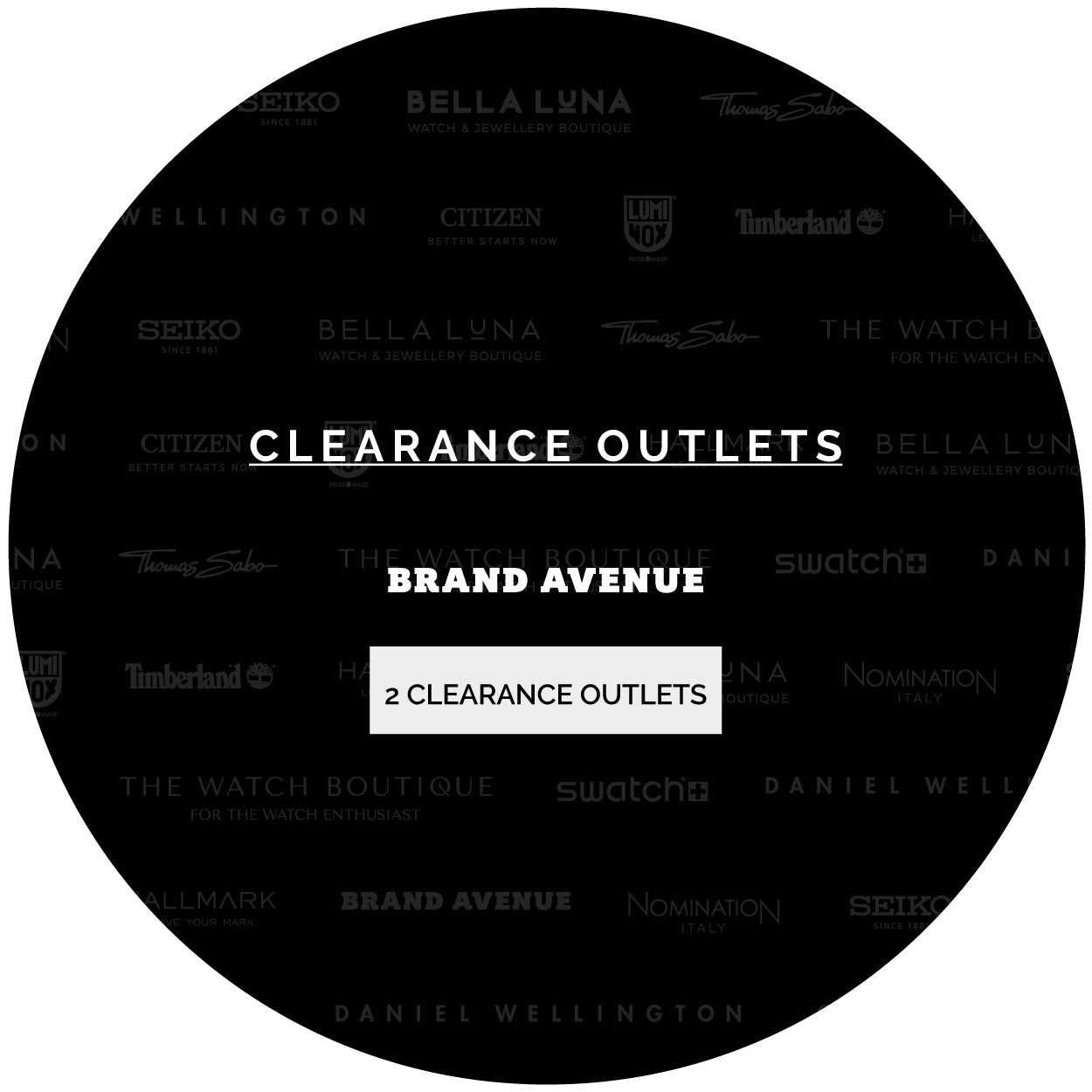 Graphic featuring clearance outlets at Brand Avenue, highlighting various watch brands and offers.