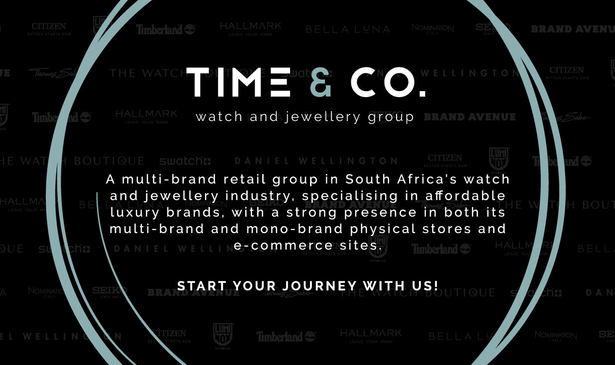 Time & Co. logo showcasing a multi-brand retail group for watches and jewelry in South Africa, promoting e-commerce.